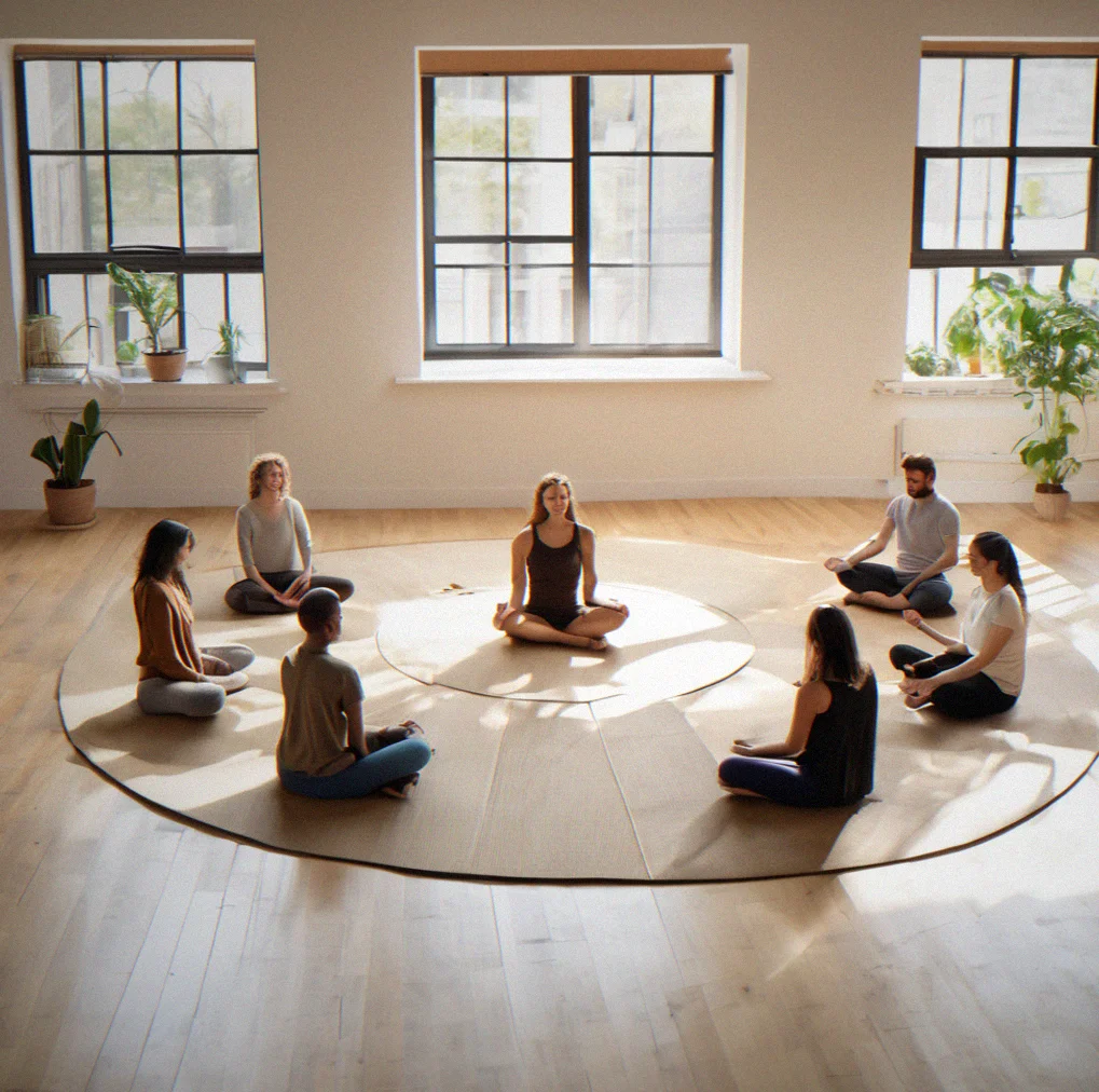 Overhead view of a studio space with six people arranged in a circle on mats, arms extended, moving through a grounding sequence
