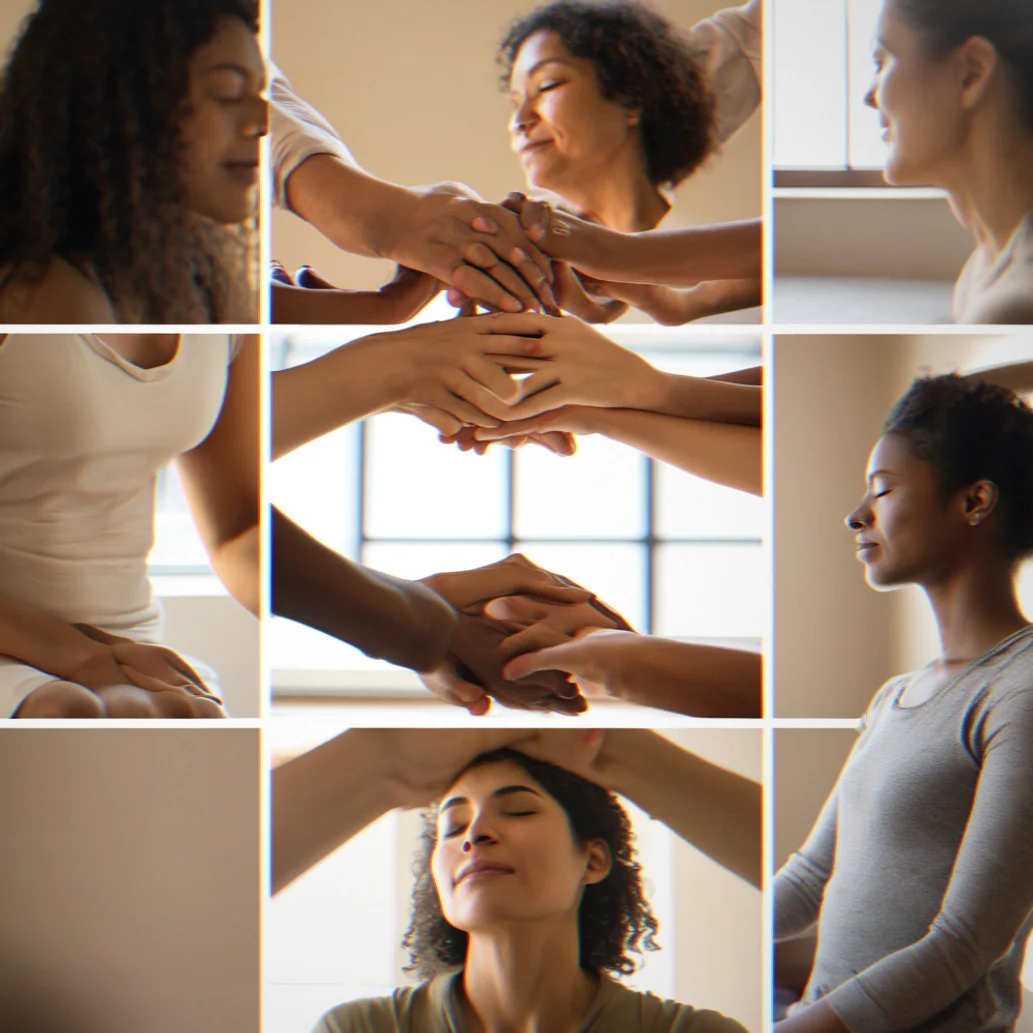 Hands pressed together at the chest during somatic awareness practice, warm skin tone under the studio lights