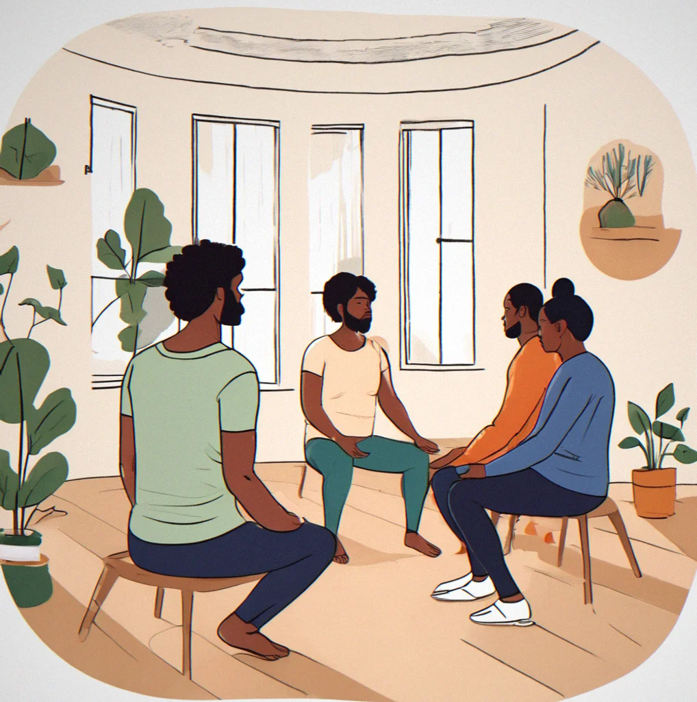 Seven adults standing in a circle with relaxed shoulders and calm faces after finishing a nervous system reset session