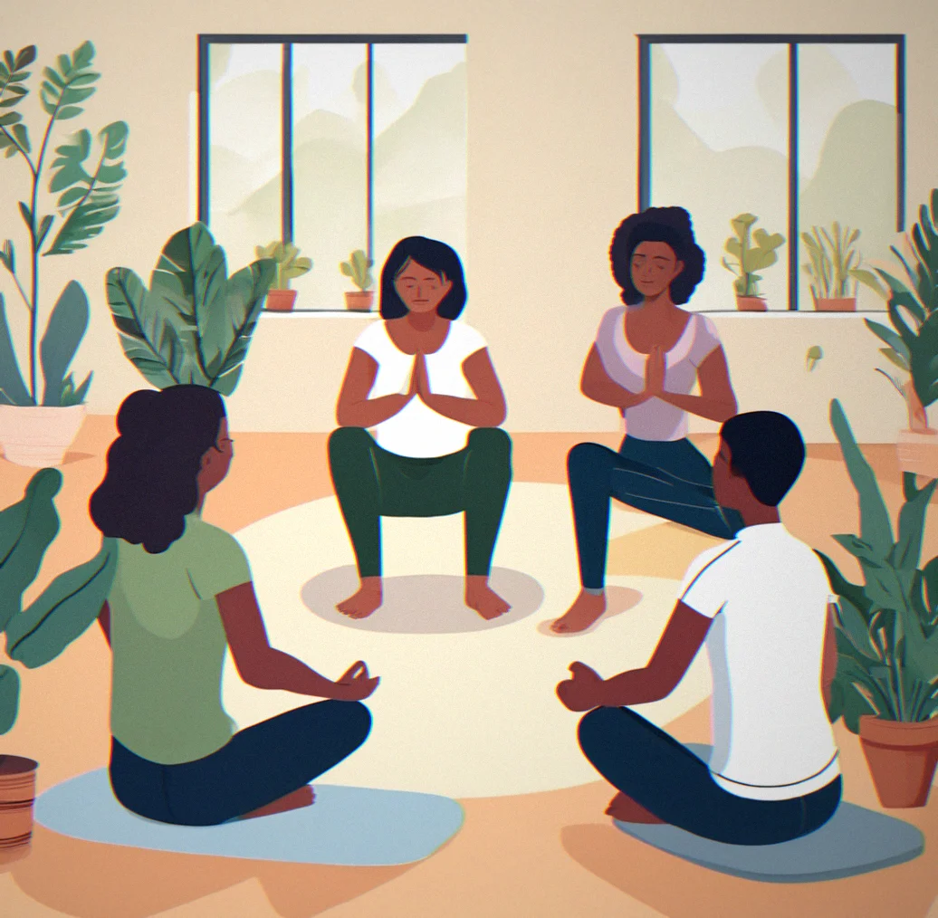 Facilitator showing a small seated group how to do diaphragmatic breathing in a light-filled room surrounded by plants