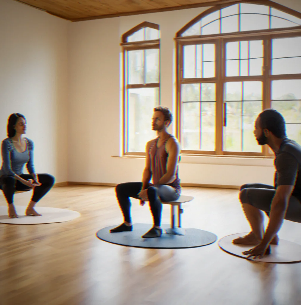 Two adults making eye contact during a partner somatic exercise, both appearing grounded and presemt in the moment