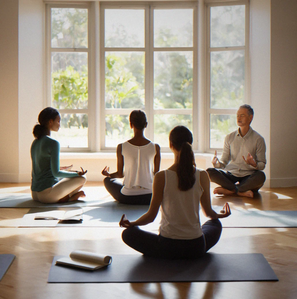 Small group sitting in meditation posture with notebooks nearby, ready to reflect after a nervous system session