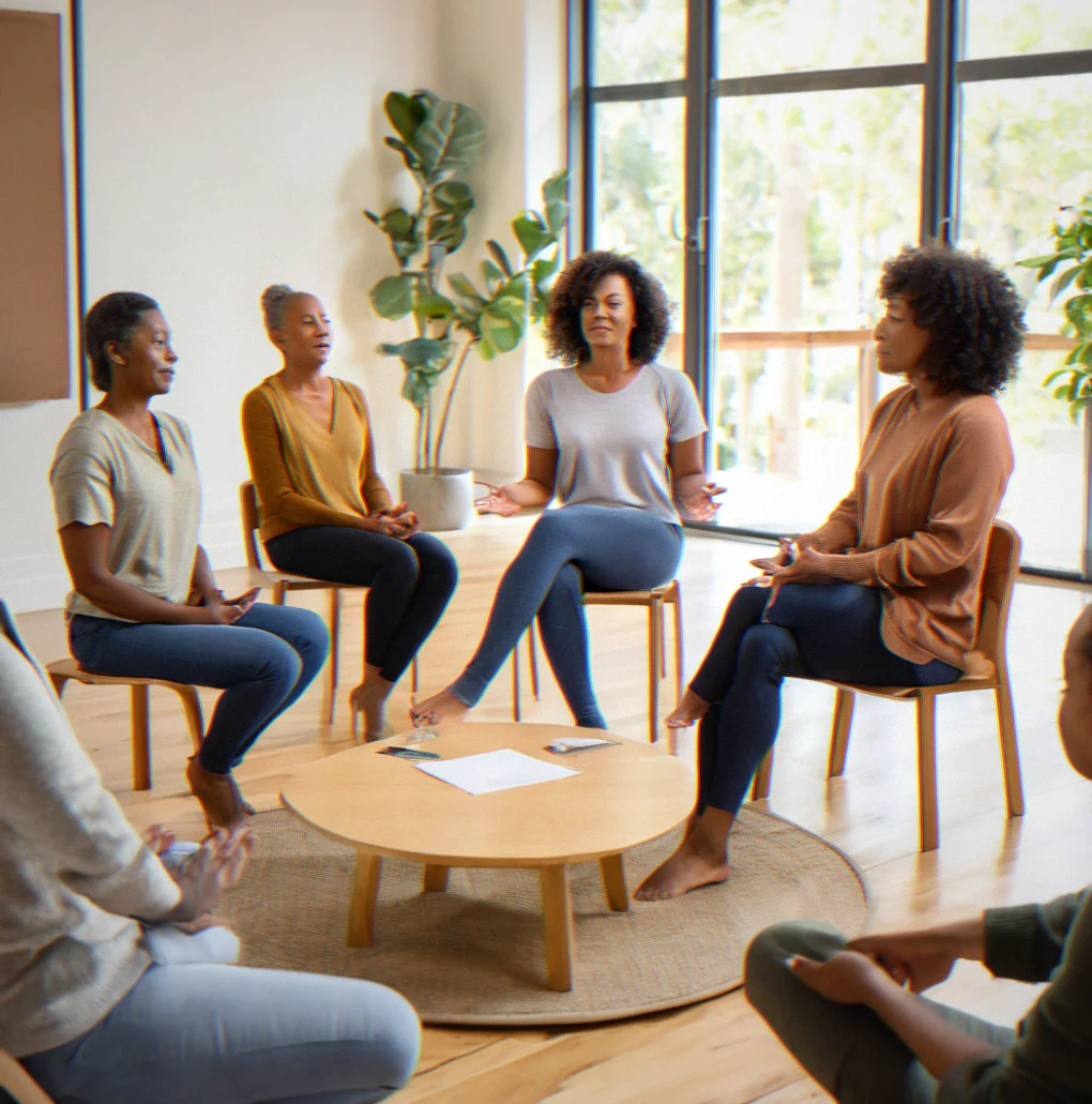 Facilitator speaking to four adults seated on cushions, gesturing with open hands while teaching breath awareness