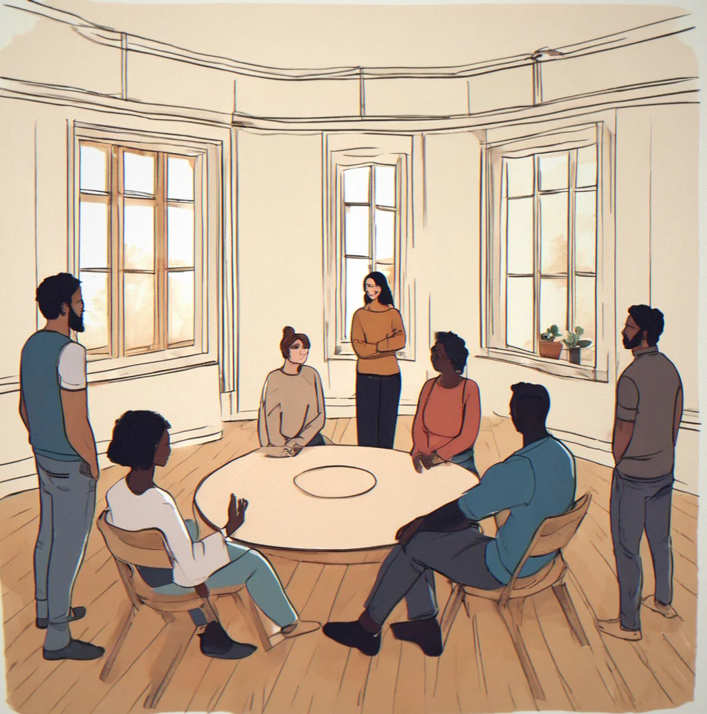 Six adults standing in a circle together after comppleting a group session, appearing visibly calmer