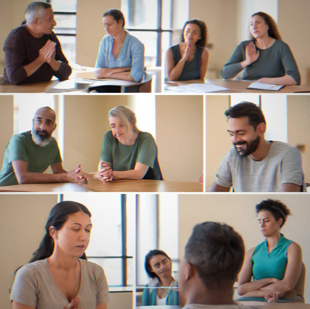Facilitator demonstrating a breathing technique while maintaining eye contact with a seated participant