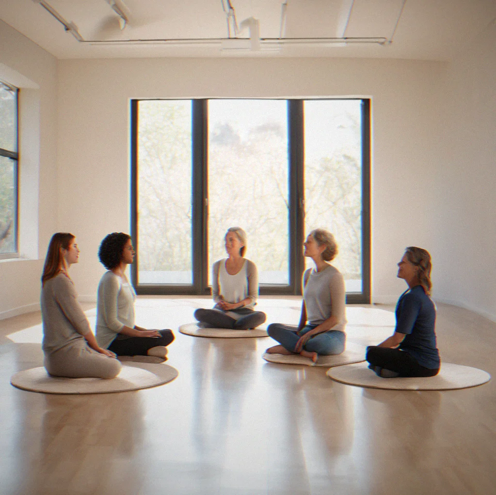 A small group sits in a circle with their eyes closed, breathing together in a quiet studio flooded with soft daylight