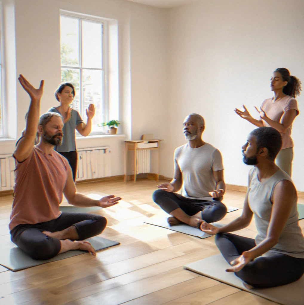 Facilitator demonstrating box breathing technique with hands raised, standign in front of 5 seated participants in a calm studio