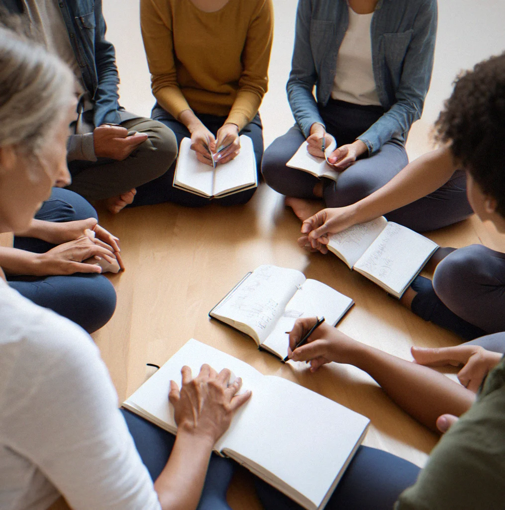 Small group seated on cushions with notebooks open, taking notes after completing a nervous system reset session